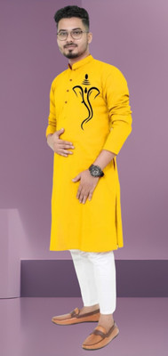 Mamta fab Men Printed Straight Kurta(Yellow)