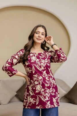 AOMORI Women Floral Print, Printed Straight Kurta(Maroon)