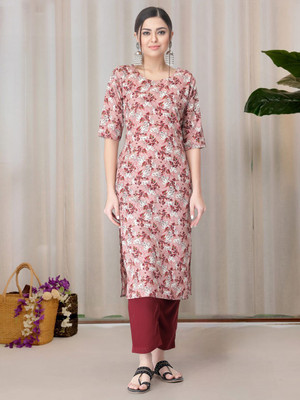 HERE&NOW Women Printed Straight Kurta(Maroon)