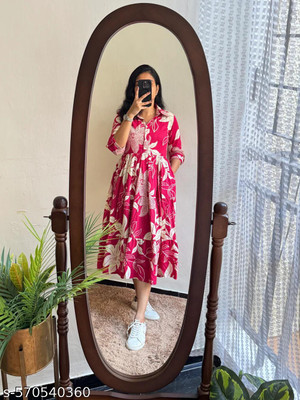 Manvi Enterprises Women Fit and Flare Pink Midi/Calf Length Dress