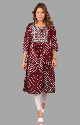VVLPF Women Bandhani Straight Kurta(Maroon)