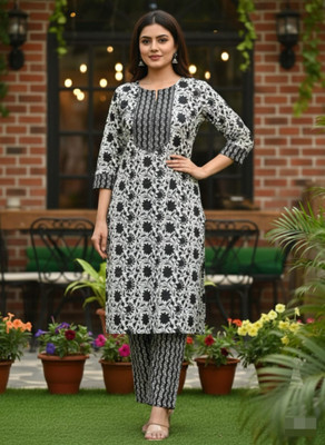 SS Fashion Women Floral Print, Printed Straight Kurta(Black)