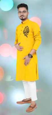 Mamta Biswas Men Printed Straight Kurta(Yellow)