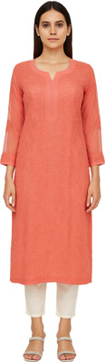 RINEZZA Women Chikan Embroidery Straight Kurta(Orange)