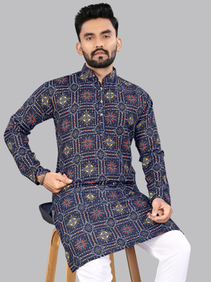 Svatantra Men Printed Straight Kurta(Dark Blue)