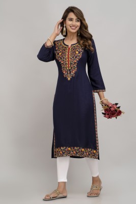 Onekf Women Chikan Embroidery Straight Kurta(Blue)