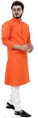shreeji creation Men Solid Straight Kurta(Orange)