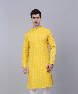 Jompers Men Floral Print Straight Kurta(Yellow)