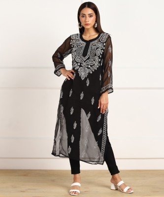 VAHSON Women Chikan Embroidery, Embroidered A-line Kurta(Black)