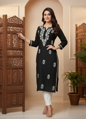 Feezy Fashions Women Embroidered Straight Kurta(Black)