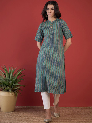 ANOUK Women Striped Straight Kurta(Light Green)