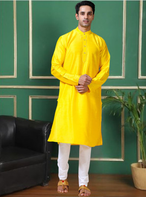 Tattva Men Solid Straight Kurta(Yellow)