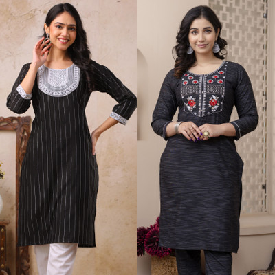 AUZAAI COLLECTION Women Embroidered Straight Kurta(Black)