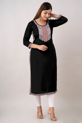 Kapadia Women Embroidered Straight Kurta(Black)