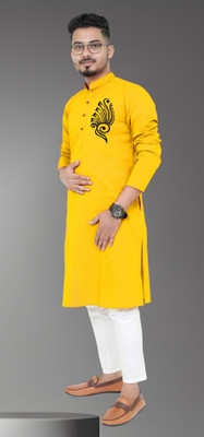 Biswas Fab Men Printed Straight Kurta(Yellow)