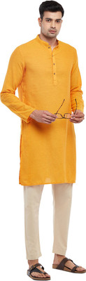 Indus Route by Pantaloons Men Self Design Straight Kurta(Yellow)