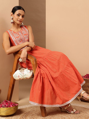 Janasya Women Embroidered A-line Kurta(Orange)