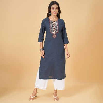 Rangmanch by Pantaloons Women Printed Straight Kurta(Dark Blue)