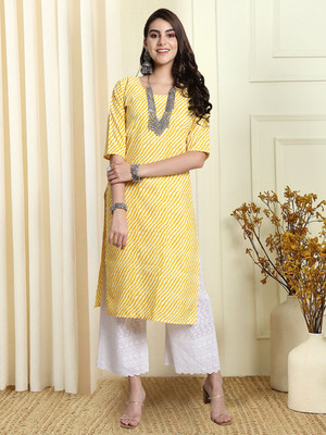 EthnicBasket Women Printed Straight Kurta(Yellow)