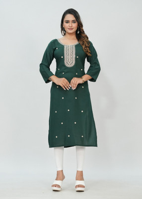Elvya Women Embroidered Straight Kurta(Green)