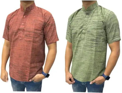 COTTONFEB Men Self Design Straight Kurta(Brown, Green)