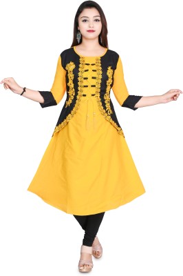 IKONIC FASHION Women Self Design Ethnic Dress Kurta(Yellow, Black)