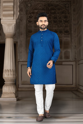 DHASU TRENDZ Men Chikan Embroidery, Embroidered Straight Kurta(Blue)