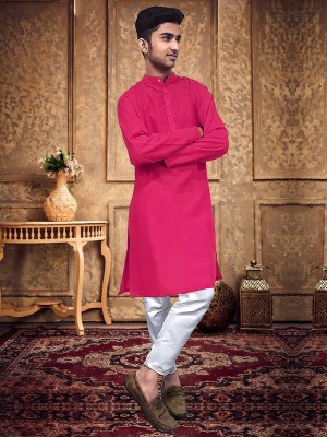 EthnicBasket Men Solid A-line Kurta(Pink)