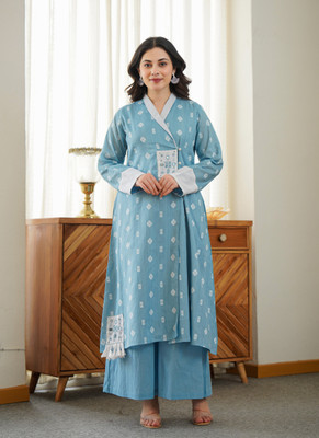 Anusheetfashion Women Geometric Print Straight Kurta(Light Blue)