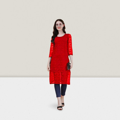HOC's Women Self Design Straight Kurta(Red)