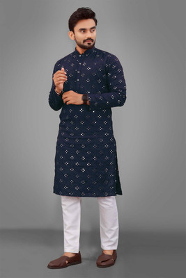 Ganesh Enterprise Men Chikan Embroidery, Embellished Straight Kurta(Blue)