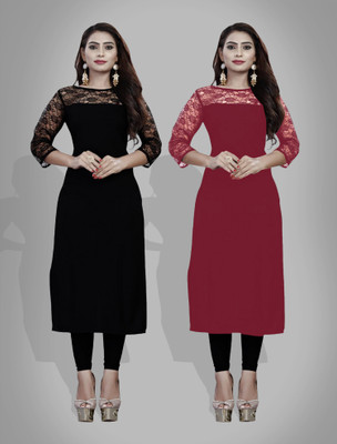 Maheshvi Women Self Design Straight Kurta(Black)