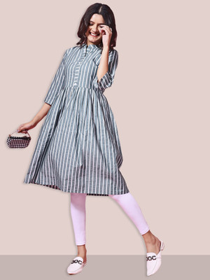 HouseOfCommon Women Striped A-line Kurta(Grey)