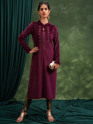 Vishudh Women Embroidered Straight Kurta(Brown)