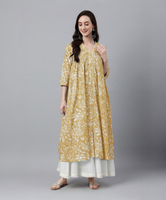 Janasya Women Floral Print, Printed Flared Kurta(Yellow)