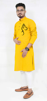 Rainbow Cloths Men Printed Straight Kurta(Yellow)