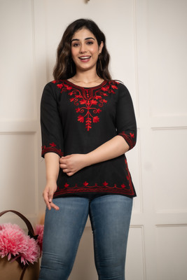 Andheriyas Women Embroidered Straight Kurta(Black)
