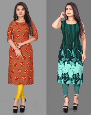tanvi creation Women Floral Print Straight Kurta(Green, Orange)