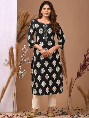 WGC Women Floral Print A-line Kurta(Black)