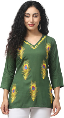Aura Glam Women Printed A-line Kurta(Light Green)