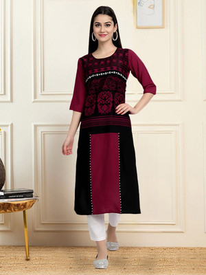 EthnicBasket Women Printed A-line Kurta(Maroon, Black)
