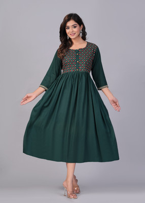 KUNJOO Women Embroidered A-line Kurta(Dark Green)
