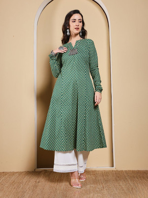 FIORRA Women Printed Anarkali Kurta(Light Green)