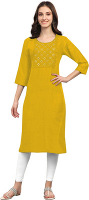 atochi Women Embroidered Straight Kurta(Yellow)