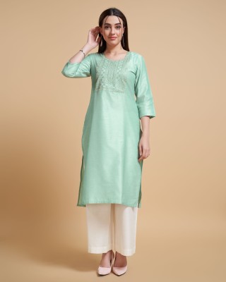 BESHASTUDIO Women Embroidered A-line Kurta(Light Green)