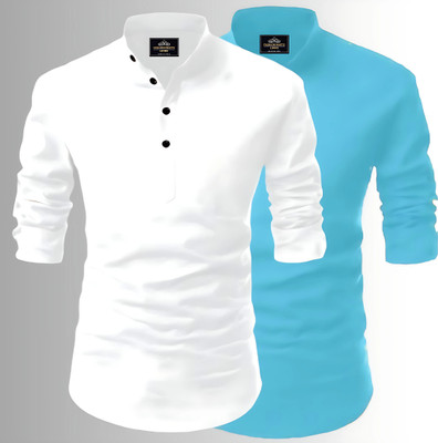 Fashion Marts Men Solid Straight Kurta(White, Blue)