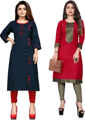 HEER CREATIONS Women Printed Straight Kurta(Red, Blue)
