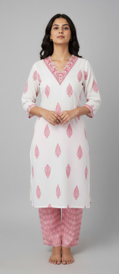 Nirmal Fabric Women Block Print, Printed Straight Kurta(White)