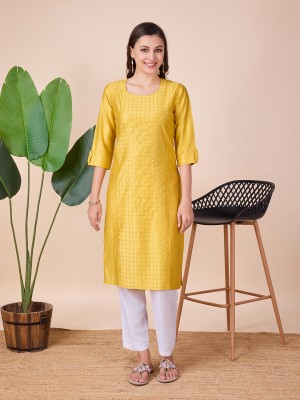 BESHASTUDIO Women Striped A-line Kurta(Yellow)