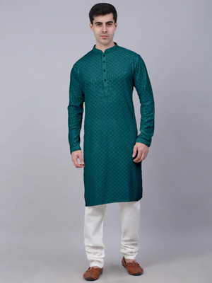 Triom Men Chikan Embroidery A-line Kurta(Blue)